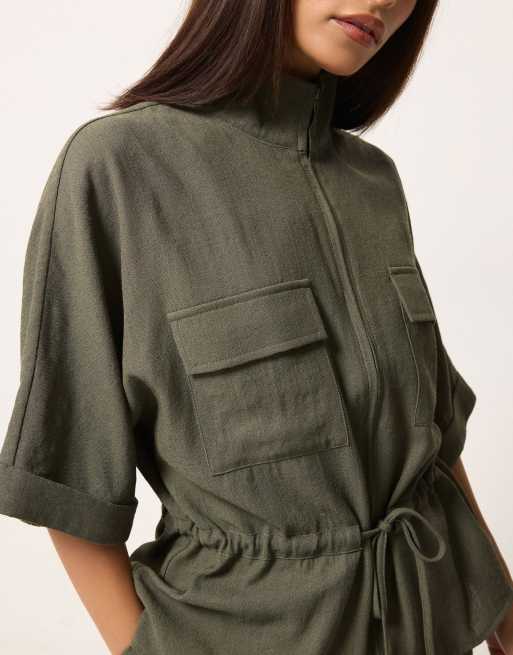 PixieGirl Petite funnel neck shacket in green, 2 of 4