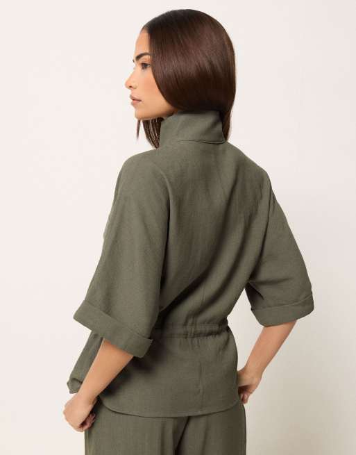 PixieGirl Petite funnel neck shacket in green, 3 of 4