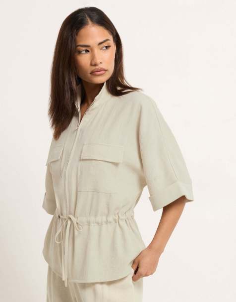 PixieGirl Petite funnel neck shacket in natural - view 1