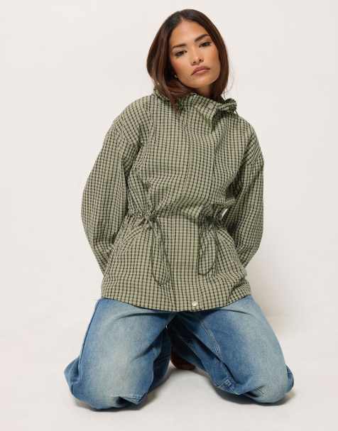 PixieGirl Petite gingham cinched hooded jacket in green - view 1
