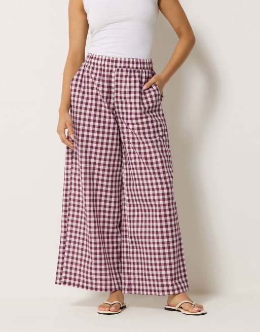 PixieGirl Petite gingham cotton wide leg trousers in red, 2 of 4