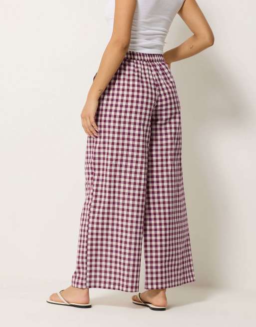 PixieGirl Petite gingham cotton wide leg trousers in red, 3 of 4