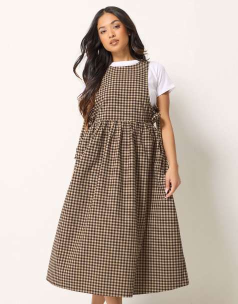 PixieGirl Petite gingham pinafore dress in brown - view 1