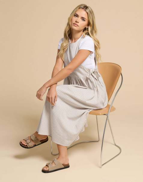 PixieGirl Petite gingham pinafore dress in natural - view 1