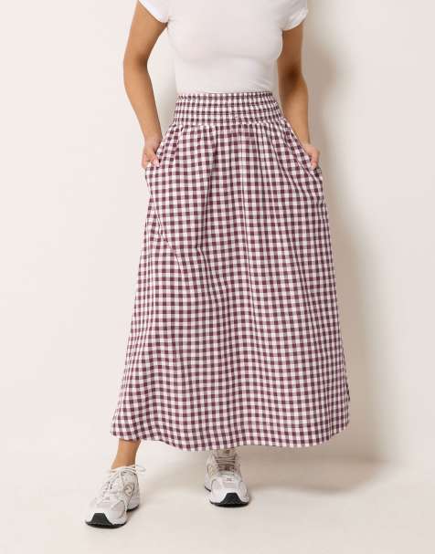 PixieGirl Petite gingham shirred maxi skirt in red - view 1