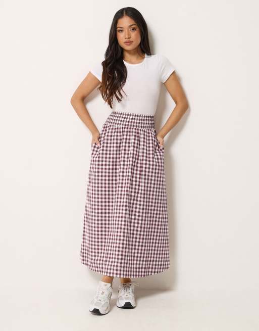PixieGirl Petite gingham shirred maxi skirt in red, 2 of 4
