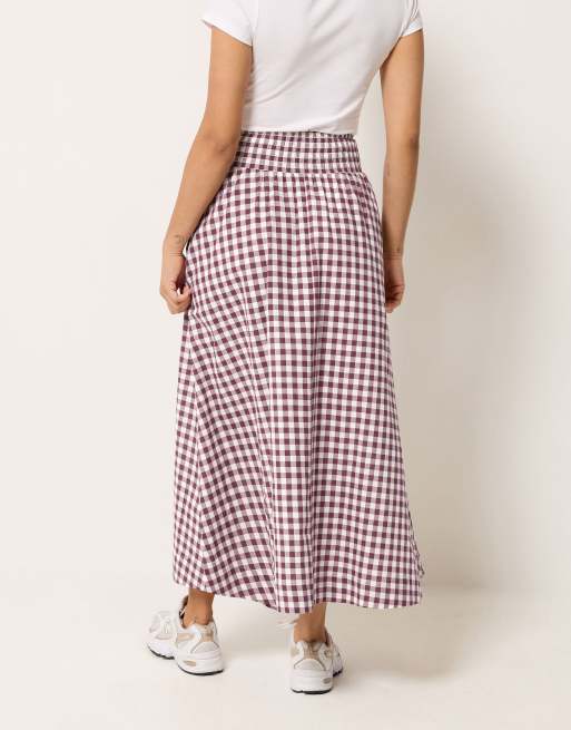 PixieGirl Petite gingham shirred maxi skirt in red, 3 of 4