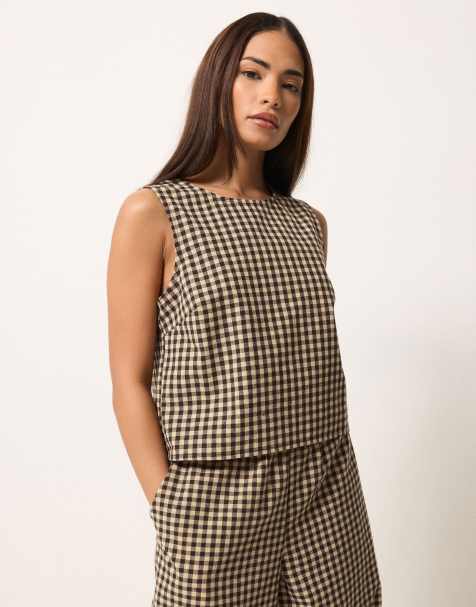 PixieGirl Petite gingham top in brown - view 1