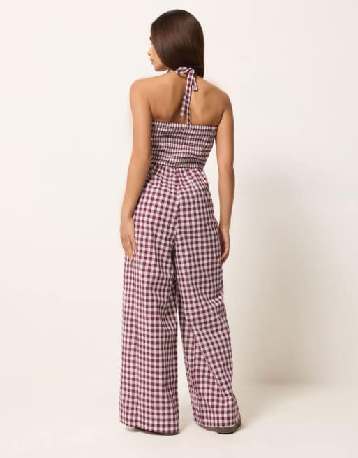 PixieGirl Petite gingham wide leg jumpsuit in purple, 3 of 4