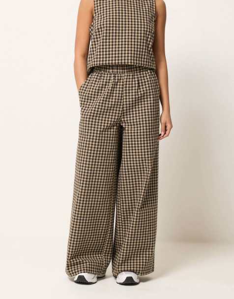 PixieGirl Petite gingham wide leg trousers in brown