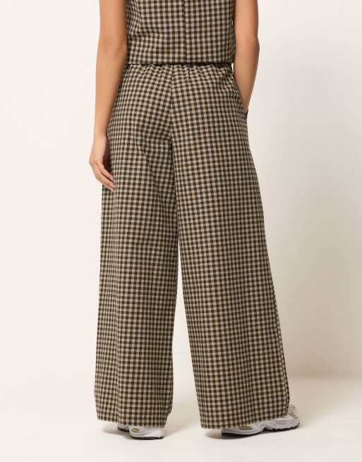 PixieGirl Petite gingham wide leg trousers in brown, 3 of 4