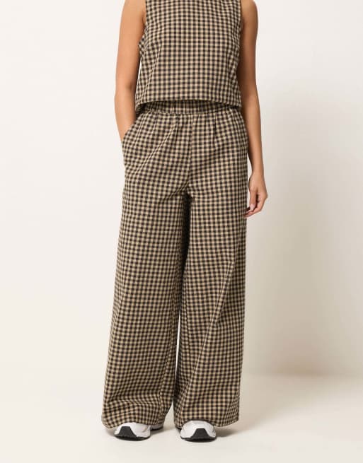 PixieGirl Petite gingham wide leg trousers in brown, 4 of 4