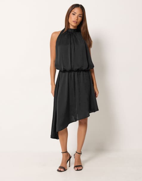 PixieGirl Petite halter neck satin dress in black - view 1