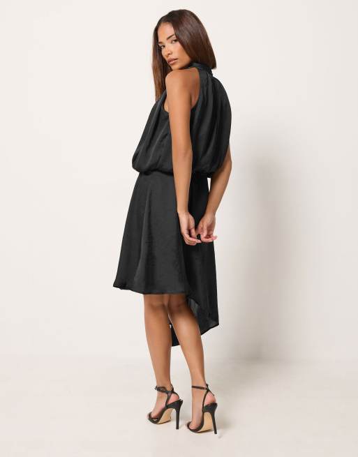 PixieGirl Petite halter neck satin dress in black, 3 of 4