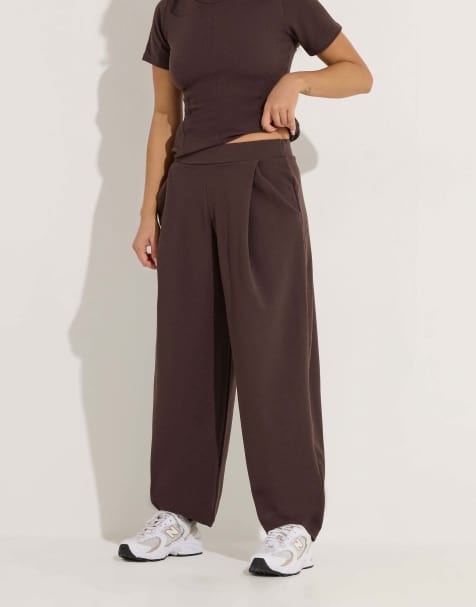 PixieGirl Petite jersey pleated barrel trousers in brown
