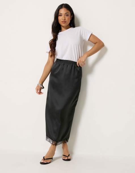 PixieGirl Petite lace hem satin maxi skirt in black - view 1