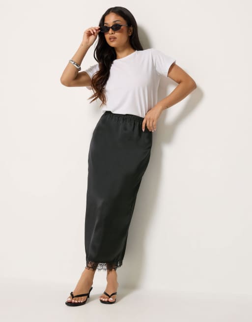 PixieGirl Petite lace hem satin maxi skirt in black, 2 of 4