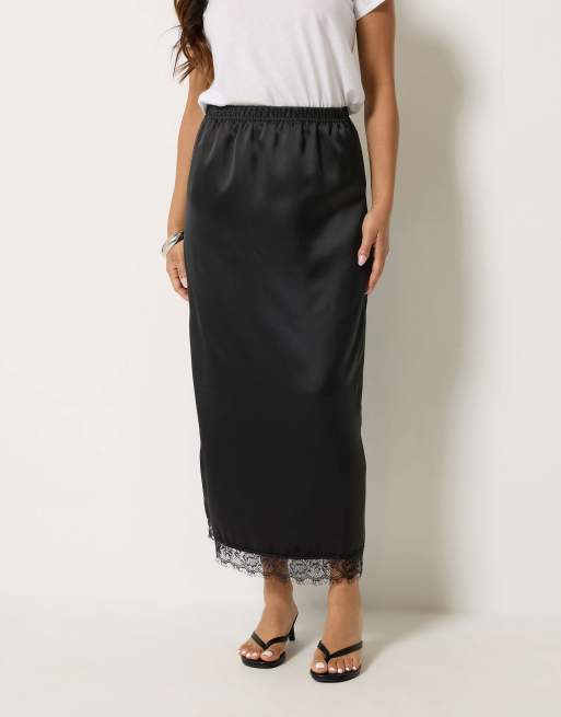 PixieGirl Petite lace hem satin maxi skirt in black, 3 of 4