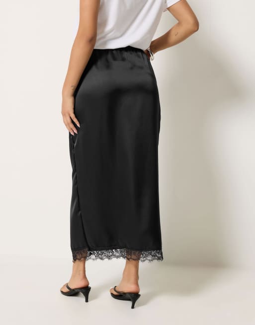 PixieGirl Petite lace hem satin maxi skirt in black, 4 of 4