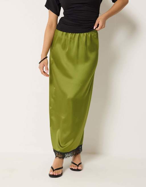 PixieGirl Petite lace hem satin maxi skirt in green, 2 of 4