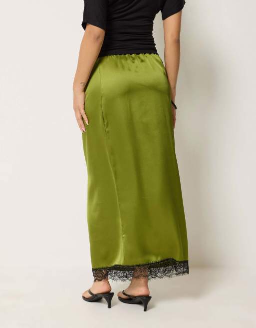 PixieGirl Petite lace hem satin maxi skirt in green, 3 of 4