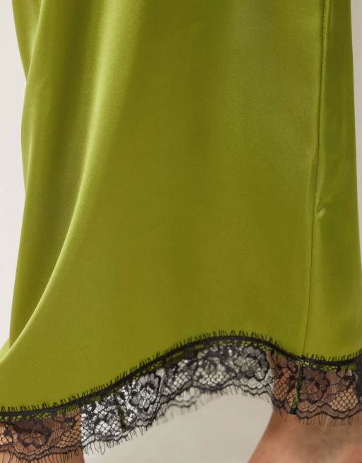 PixieGirl Petite lace hem satin maxi skirt in green, 4 of 4