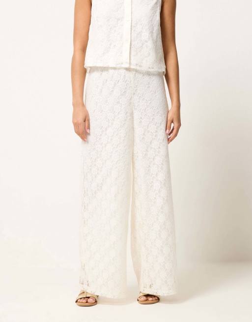 PixieGirl Petite lace lined wide leg trousers in white, 2 of 4