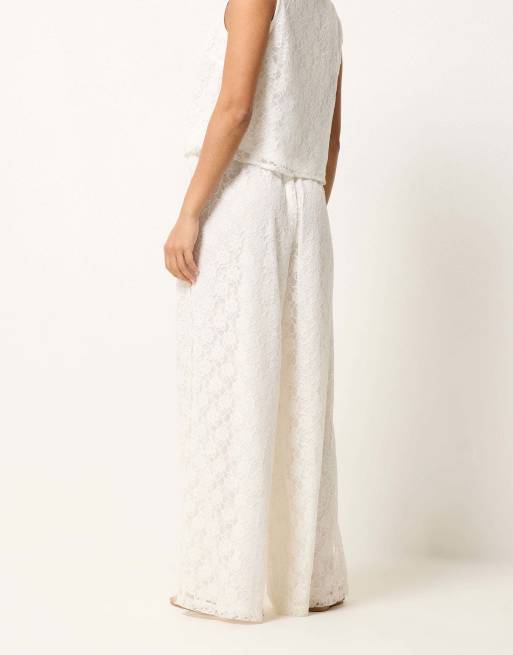 PixieGirl Petite lace lined wide leg trousers in white, 3 of 4