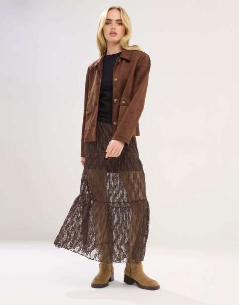 PixieGirl Petite lace maxi skirt in brown