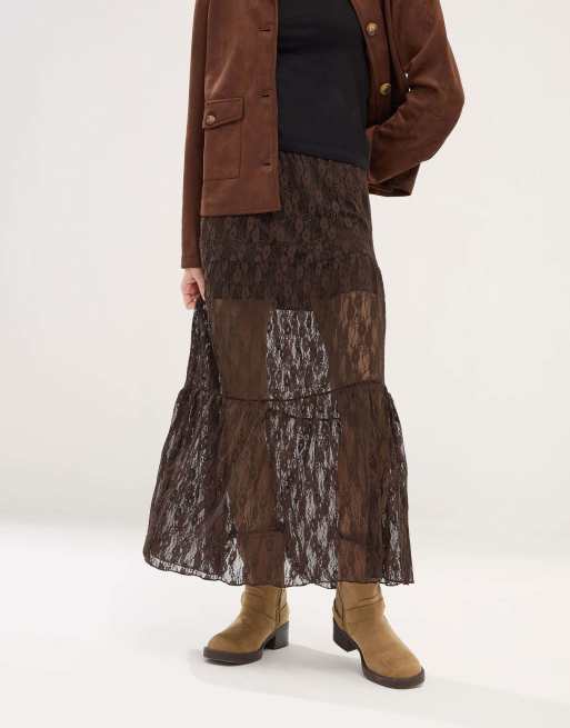 PixieGirl Petite lace maxi skirt in brown, 4 of 4