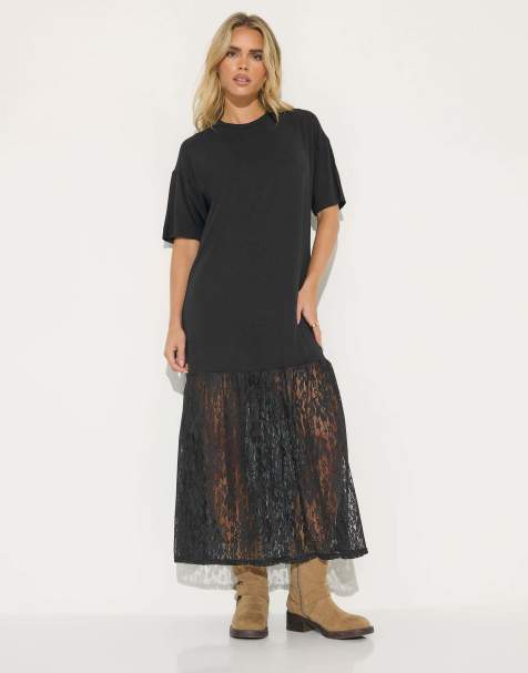 PixieGirl Petite lace t-shirt maxi dress in black - view 1
