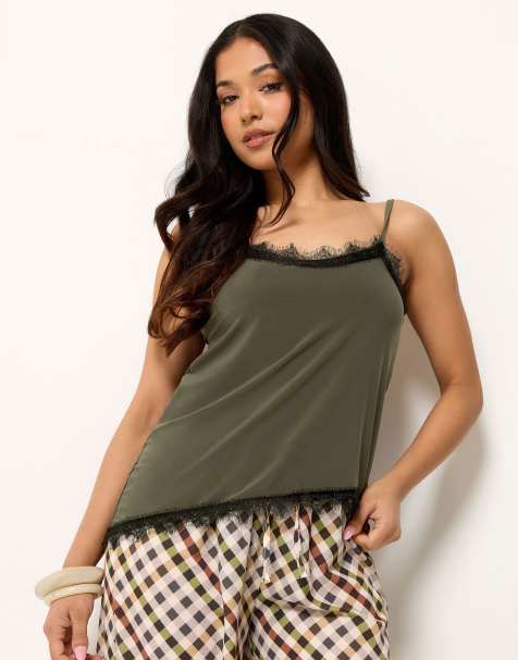PixieGirl Petite lace trim asymmetric vest top in green - view 1