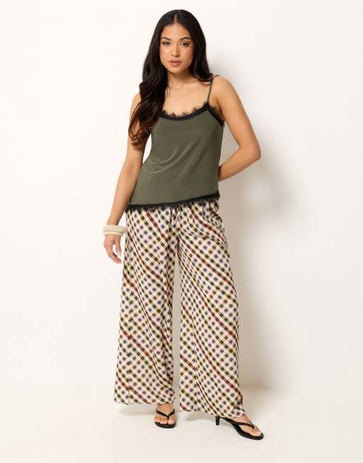 PixieGirl Petite lace trim asymmetric vest top in green, 2 of 4