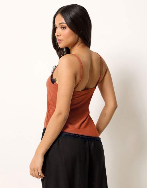 PixieGirl Petite lace trim asymmetric vest top in red, 3 of 4