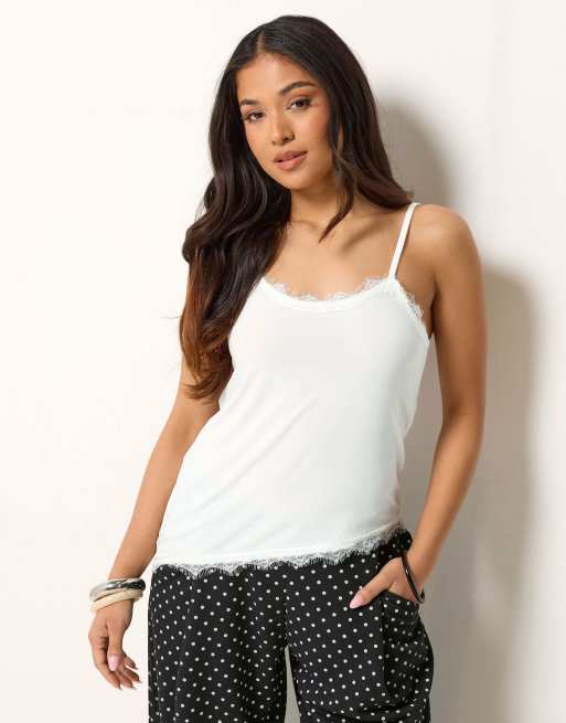 PixieGirl Petite lace trim asymmetric vest top in white, 3 of 4