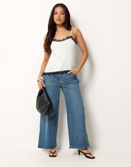 PixieGirl Petite lace trim asymmetric vest top in white, 2 of 4