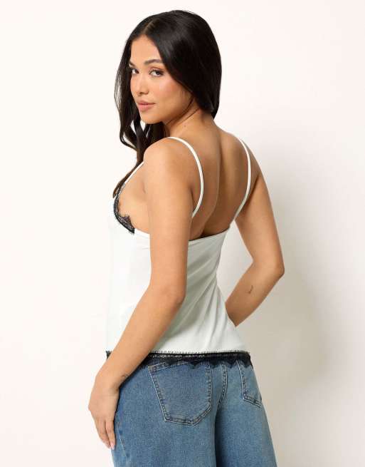 PixieGirl Petite lace trim asymmetric vest top in white, 3 of 4