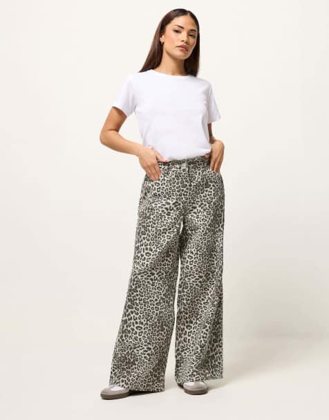 PixieGirl Petite leopard print wide leg jeans in brown - view 1