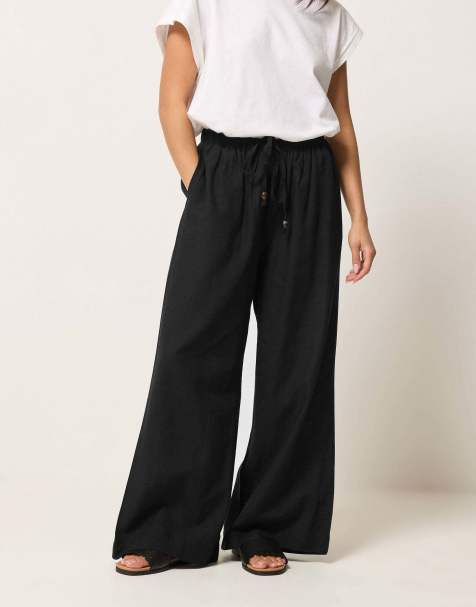 PixieGirl Petite linen wide leg trousers in black - view 1