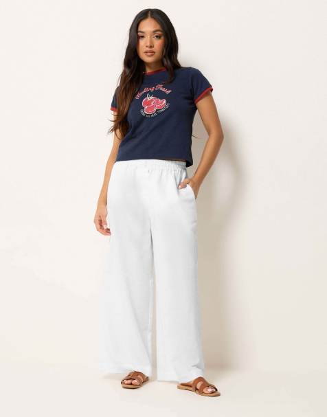 PixieGirl Petite linen wide leg trousers in white - view 1