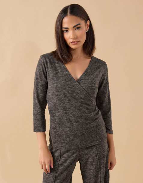 PixieGirl Petite marl wrap top in brown