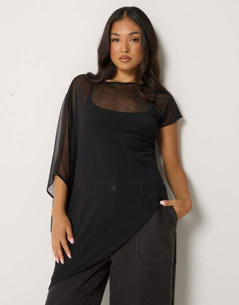 PixieGirl Petite mesh asymmetric cape top in black - view 1