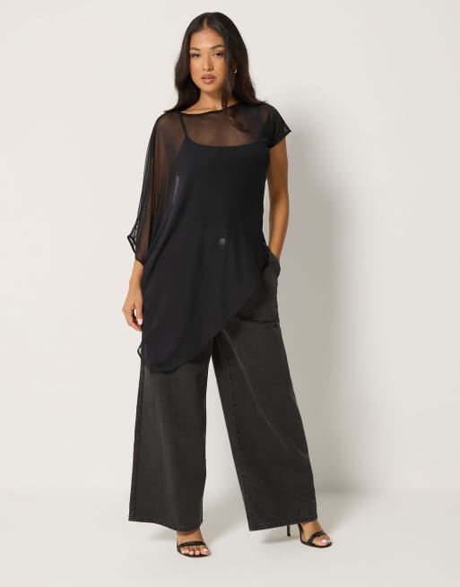 PixieGirl Petite mesh asymmetric cape top in black, 2 of 4