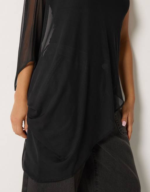 PixieGirl Petite mesh asymmetric cape top in black, 4 of 4