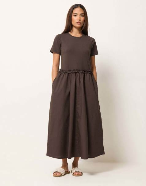 PixieGirl Petite mixed ruffle maxi dress in brown - view 1