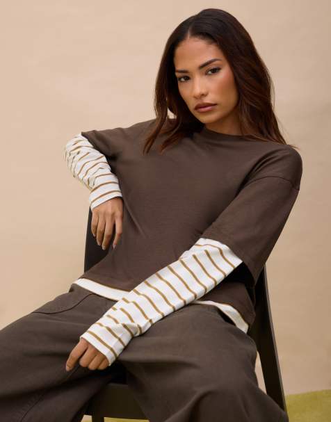 PixieGirl Petite oversized stripe long sleeve t-shirt in brown - view 1