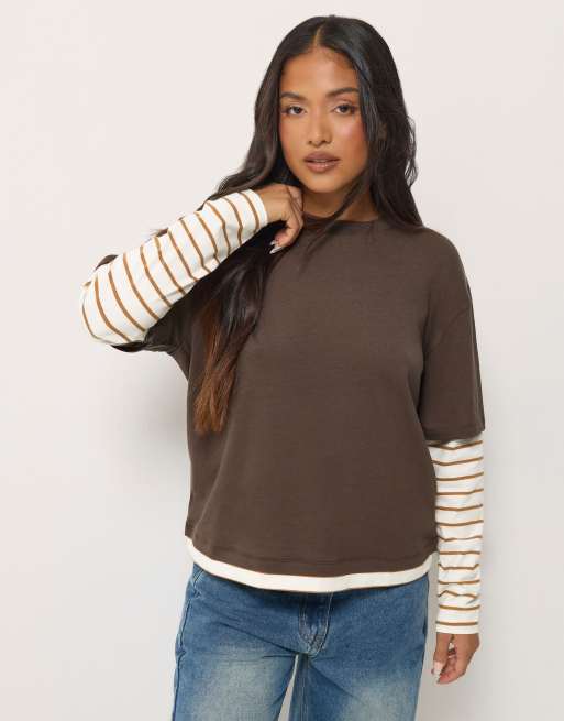 PixieGirl Petite oversized stripe long sleeve t-shirt in brown, 2 of 5