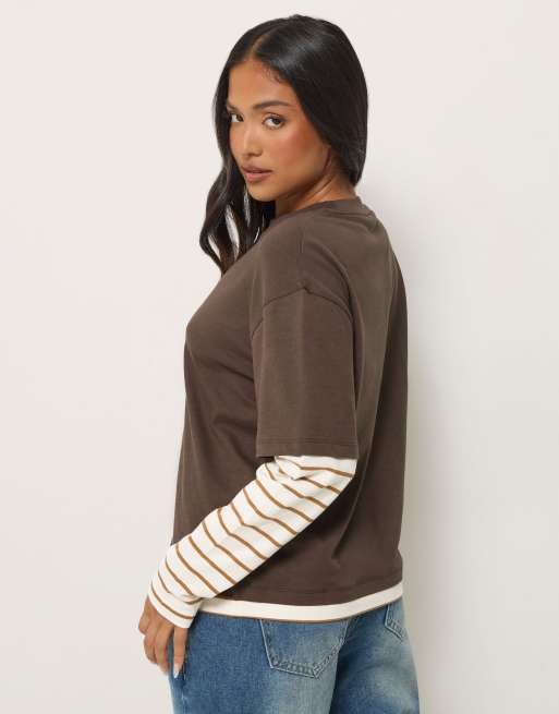 PixieGirl Petite oversized stripe long sleeve t-shirt in brown, 3 of 5