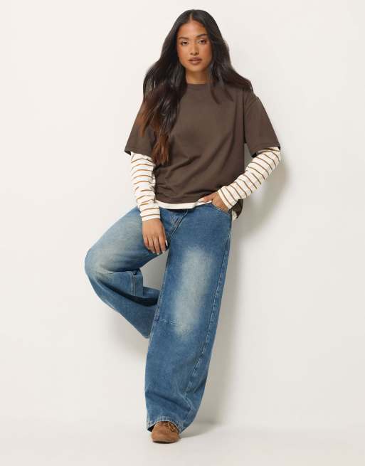 PixieGirl Petite oversized stripe long sleeve t-shirt in brown, 4 of 5