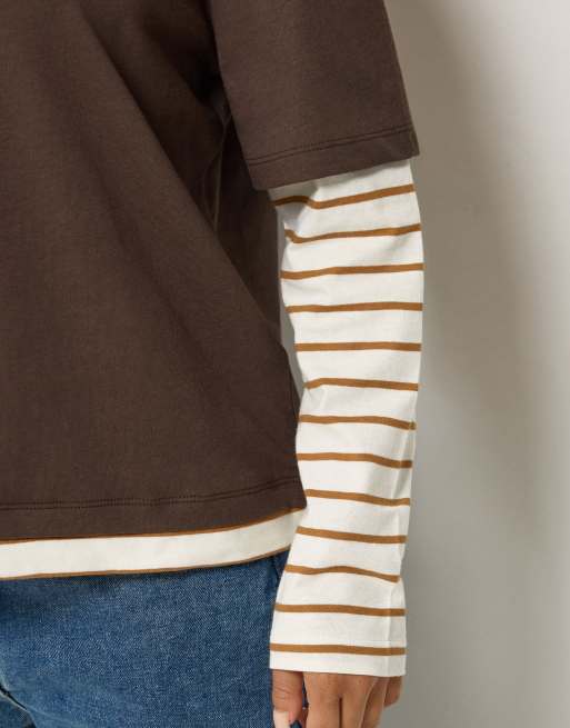 PixieGirl Petite oversized stripe long sleeve t-shirt in brown, 5 of 5